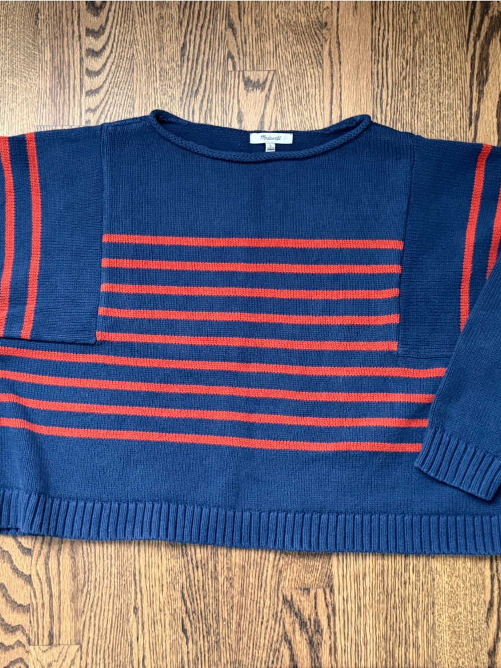 Madewell Navy Crewneck Sweater with Orange Stripes